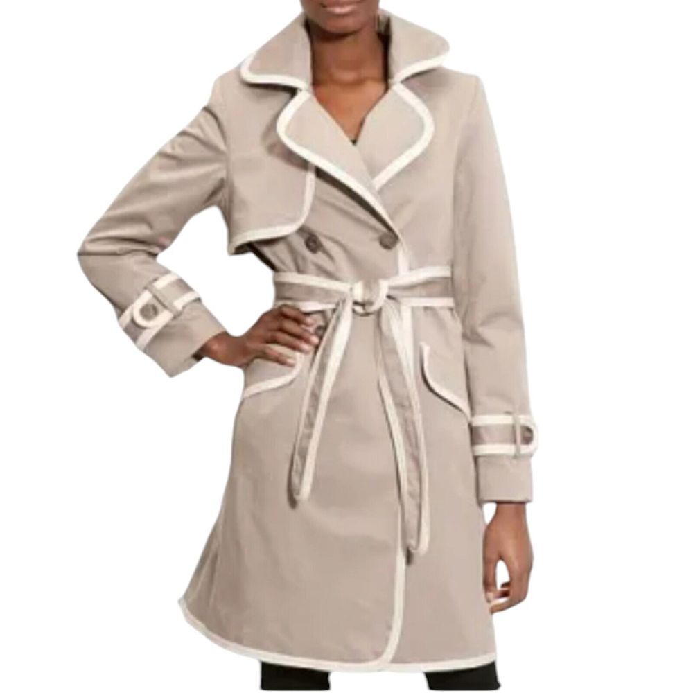 Trina Turk Womens Taupe Contrast Piping Double Breasted Belted Trench Coat 12